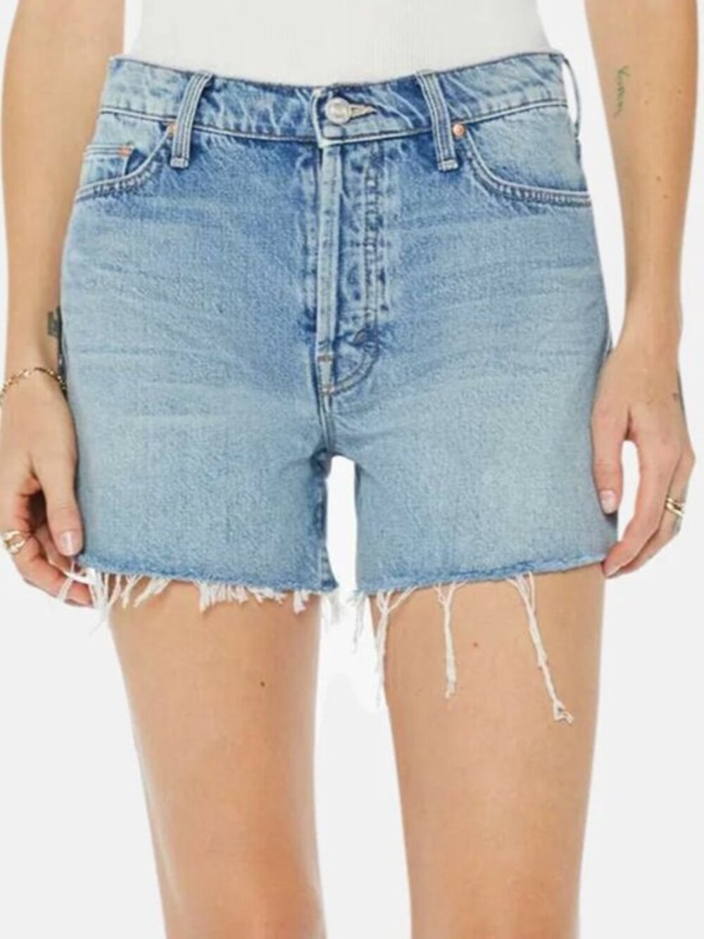 NWT MOTHER The Skipper Short N' Long Fray Denim Shorts – 23- MSRP $198